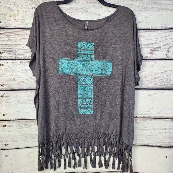 Vanity 2XL Gray Fringe Hem Elephant Cross Graphic Top Boho Dolman Tee - Picture 1 of 7